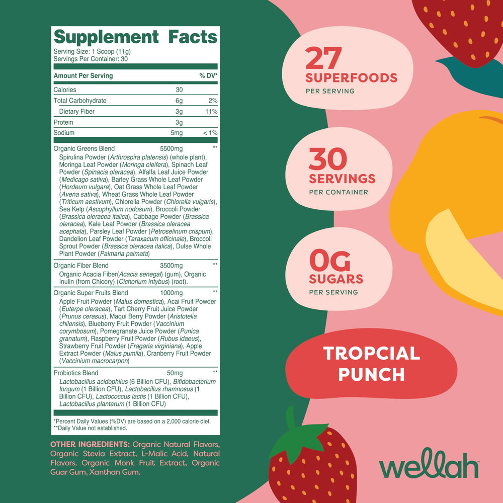Wellah Leaf Laugh Love Super Greens ingredients blend with spirulina and kelp.