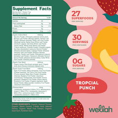 Wellah Leaf Laugh Love Super Greens ingredients blend with spirulina and kelp.