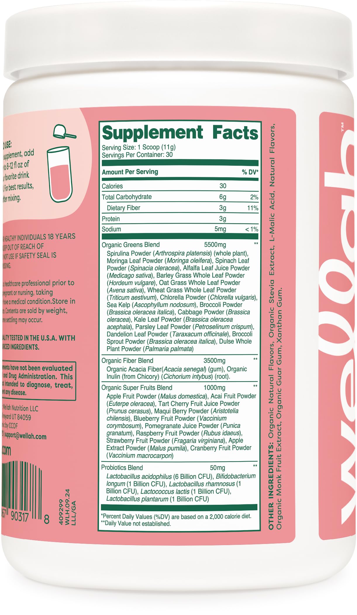 Wellah Leaf Laugh Love Super Greens mixed in a glass with strawberry mango flavor.