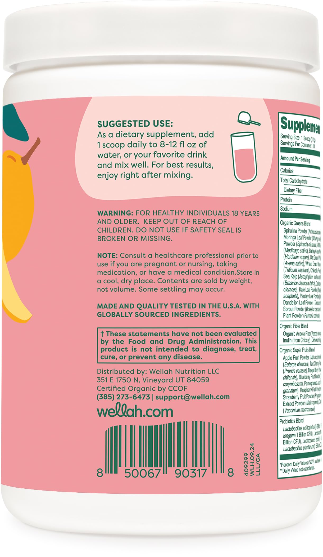 Wellah Leaf Laugh Love Super Greens scoop for quick smoothie preparation.