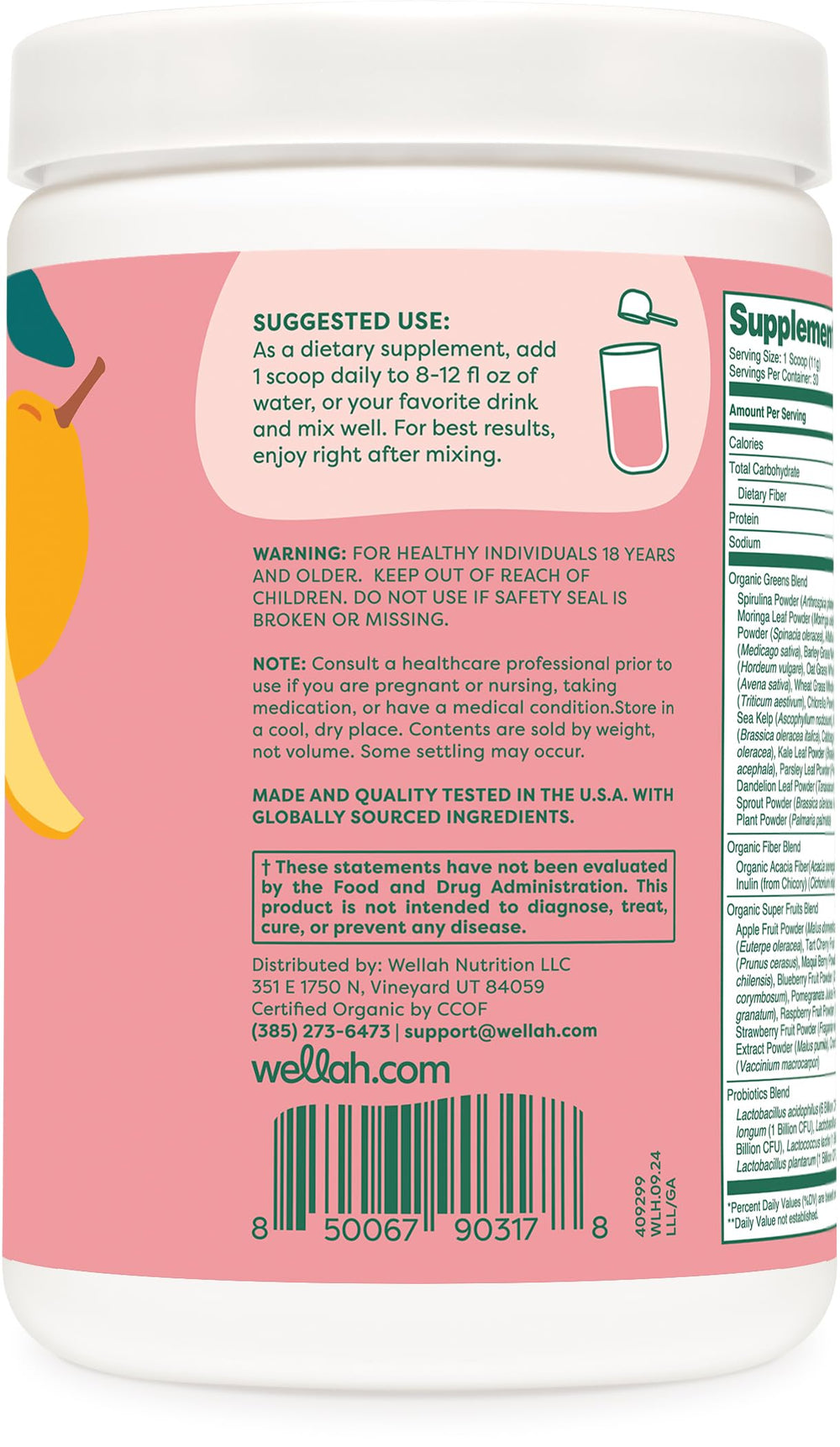 Wellah Leaf Laugh Love Super Greens scoop for quick smoothie preparation.