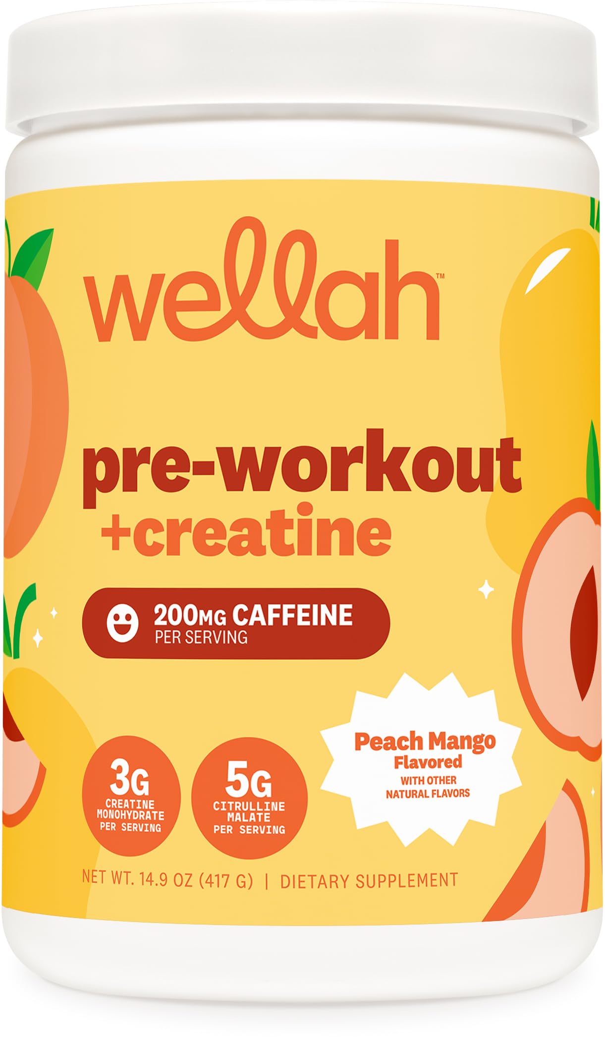 Wellah Peach Mango pre-workout packshot showing tropical flavor profile for energized sessions.