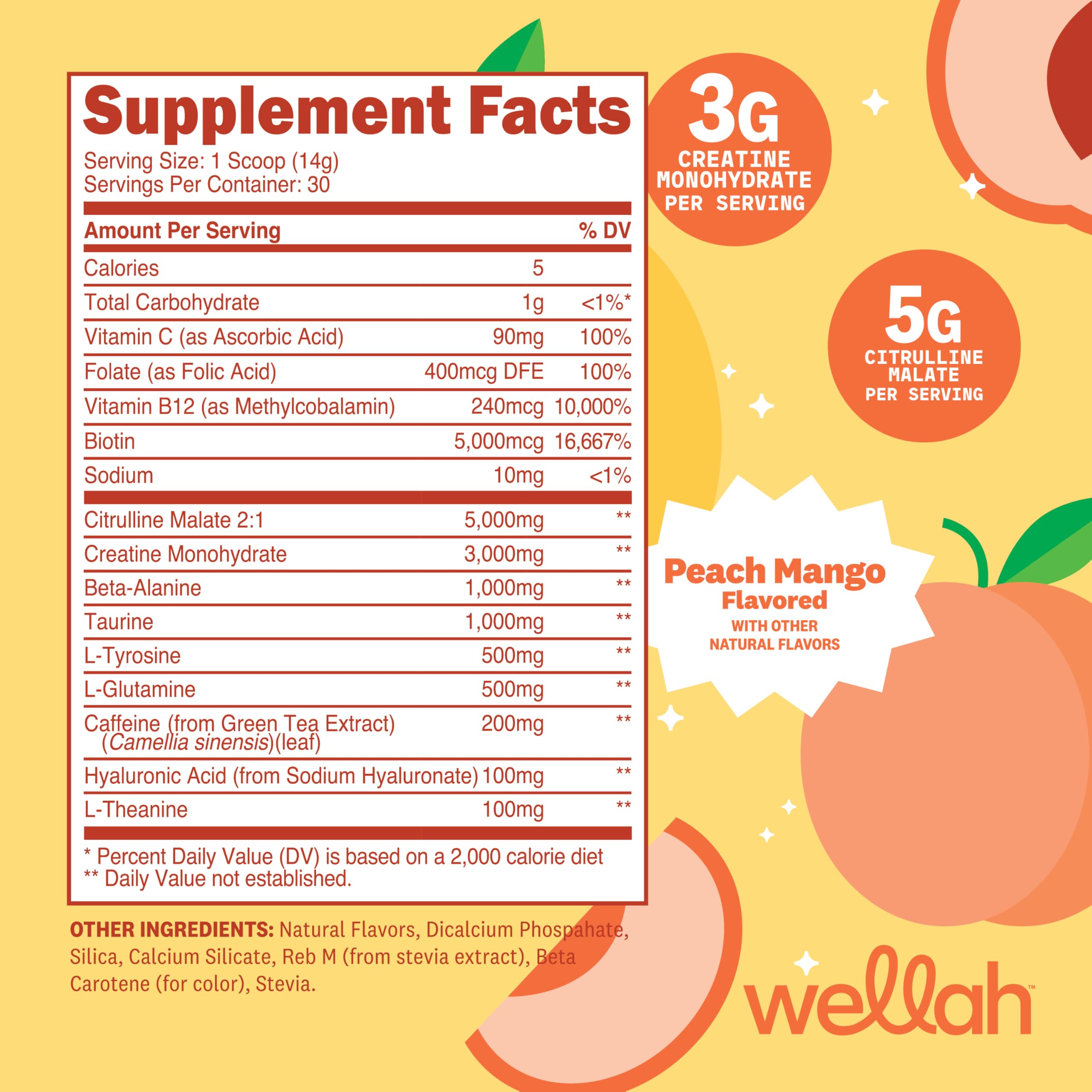 Wellah Peach Mango scoop dispensing image highlighting convenient single-serving portions for quick mixes.