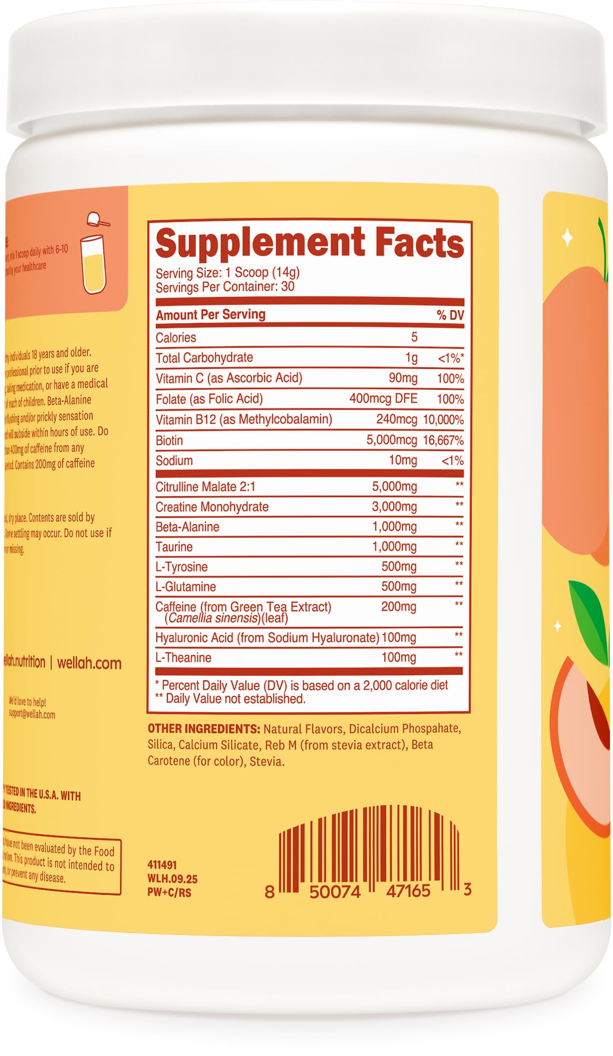 Wellah Peach Mango tub closeup highlighting 30 servings per container.