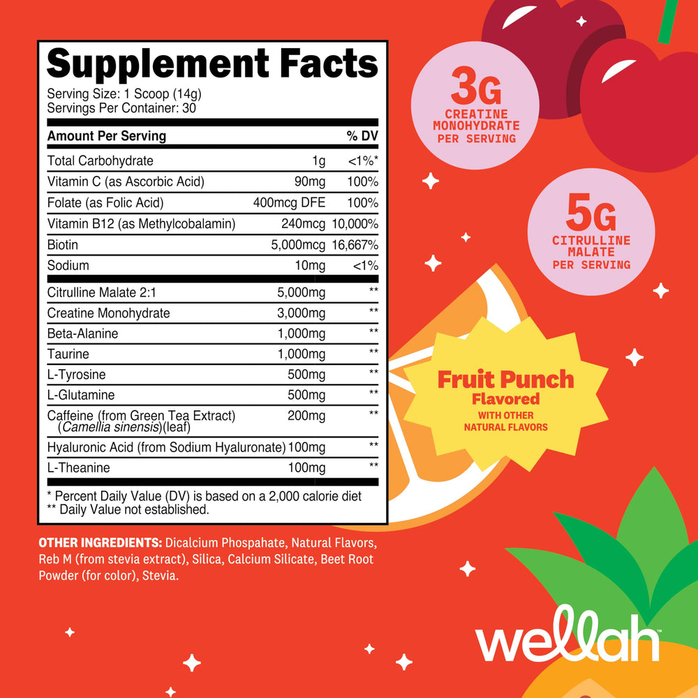 Wellah Pre-Workout Fruit Punch powder scoop for consistent dosing during training.