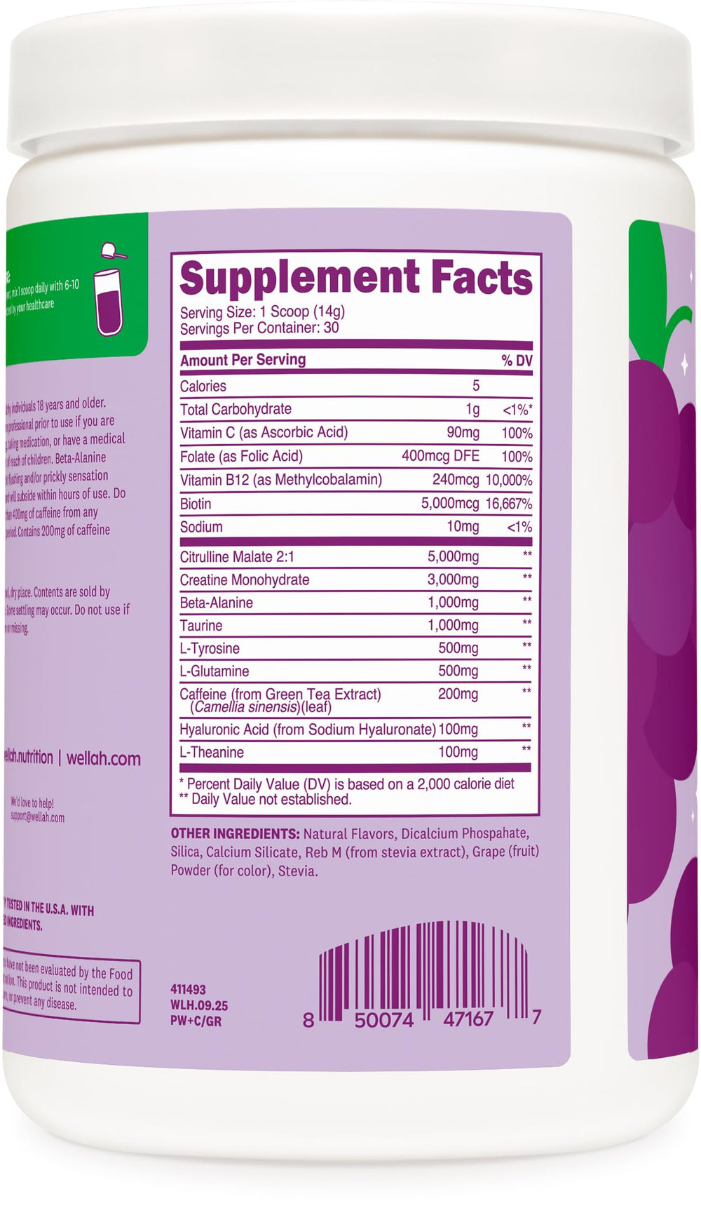 Wellah pre-workout grape label close-up highlighting ingredients and fitness benefits.