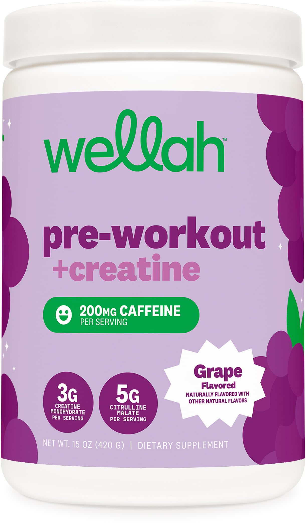 Wellah pre-workout grape scoop for accurate serving and quick energizing boost.