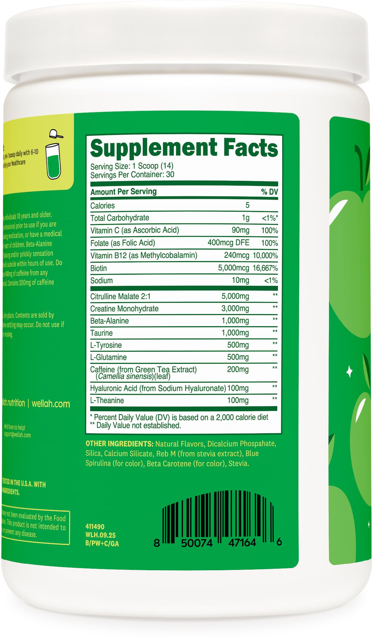 Wellah Green Apple pre-workout powder close-up with scoop for pre-training mix.