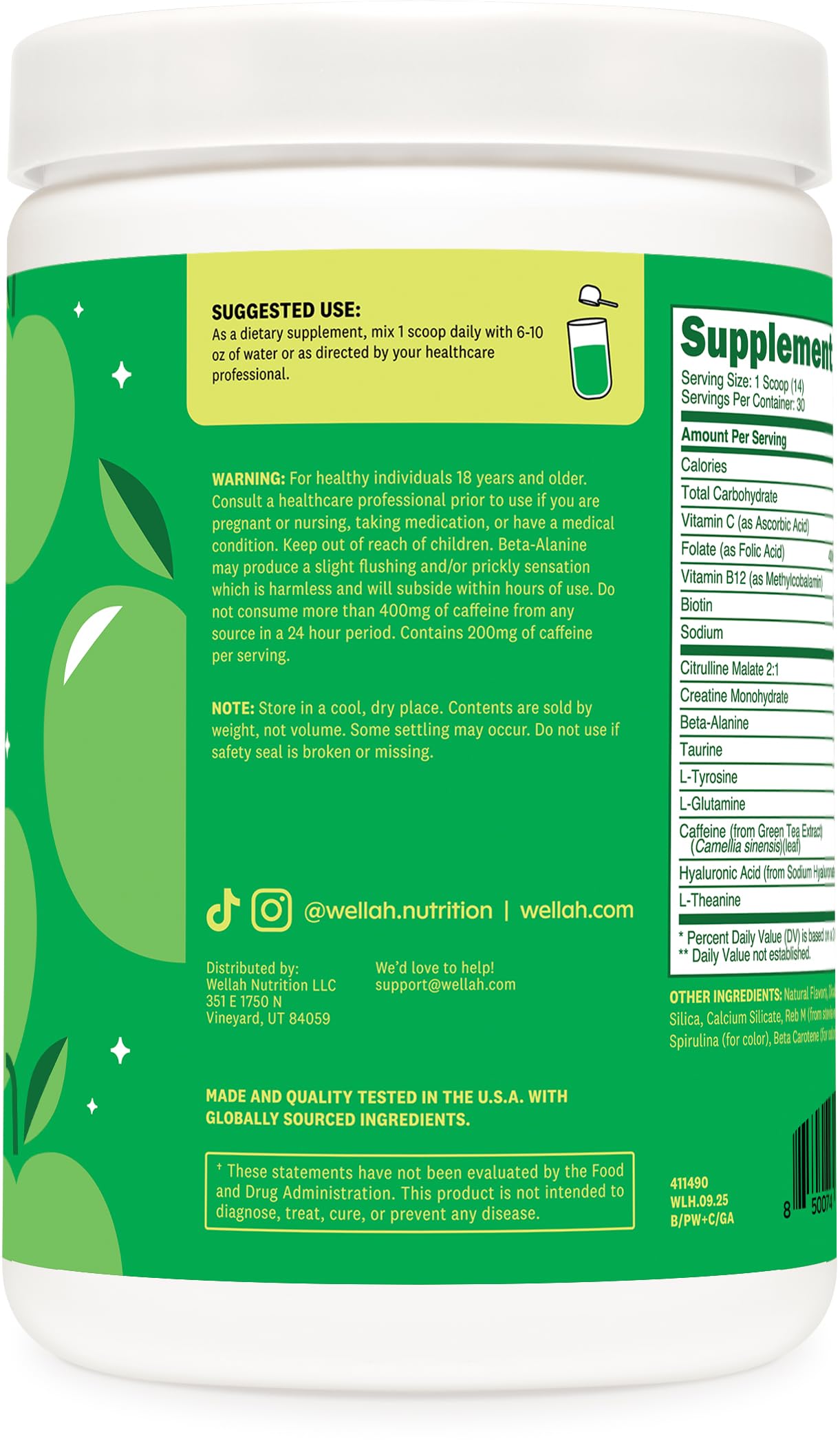 Wellah Pre-Workout Green Apple label close-up highlighting ingredients and quality certifications.