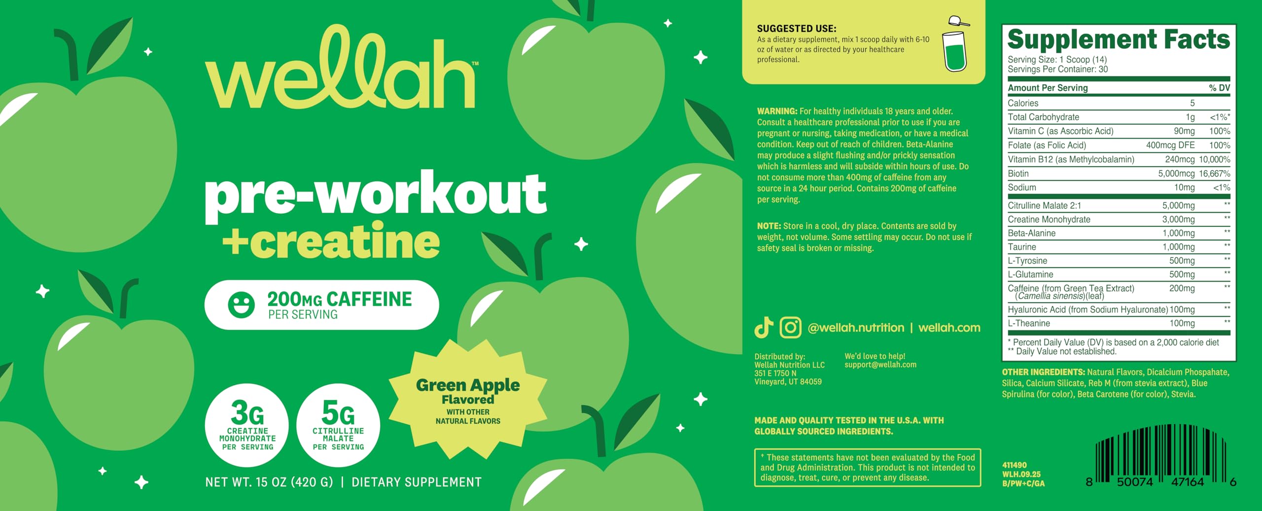 Wellah Pre-Workout Green Apple serving cup, convenient energy boost before workouts.