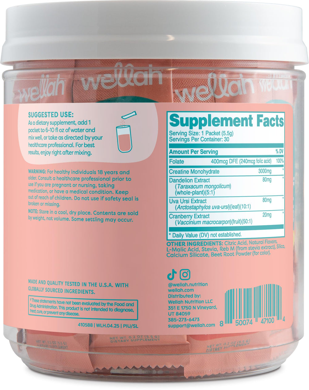 Wellah Pump-It-Up Creatine Strawberry Lemonade ingredients include cranberry extract for flavor
