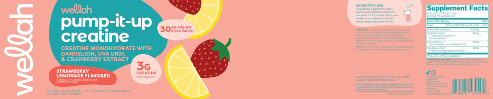 Wellah Pump-It-Up Creatine Strawberry Lemonade packaging shows convenient, no-scoop use