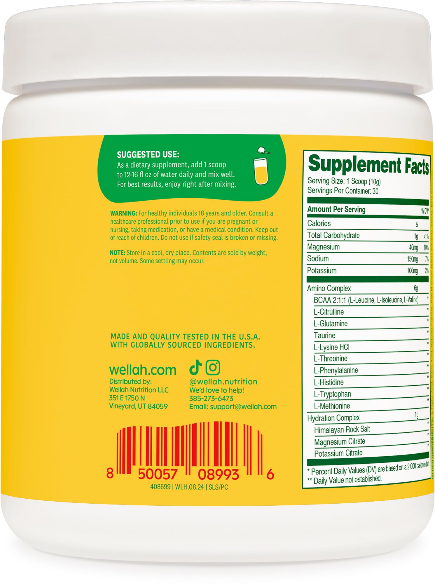 Wellah So Long Soreness BCAA 30-serving tub ready for training days.