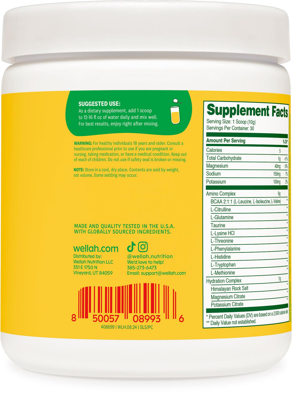 Wellah So Long Soreness BCAA 30-serving tub ready for training days.