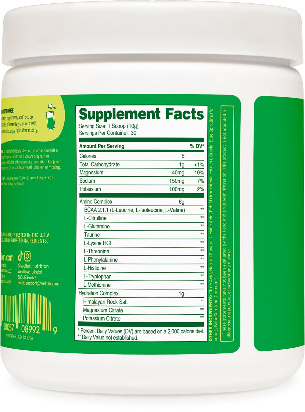 Wellah So Long Soreness BCAA 30 servings label for portion tracking