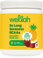 Wellah So Long Soreness BCAA bottle with pina colada flavor for refreshing hydration.