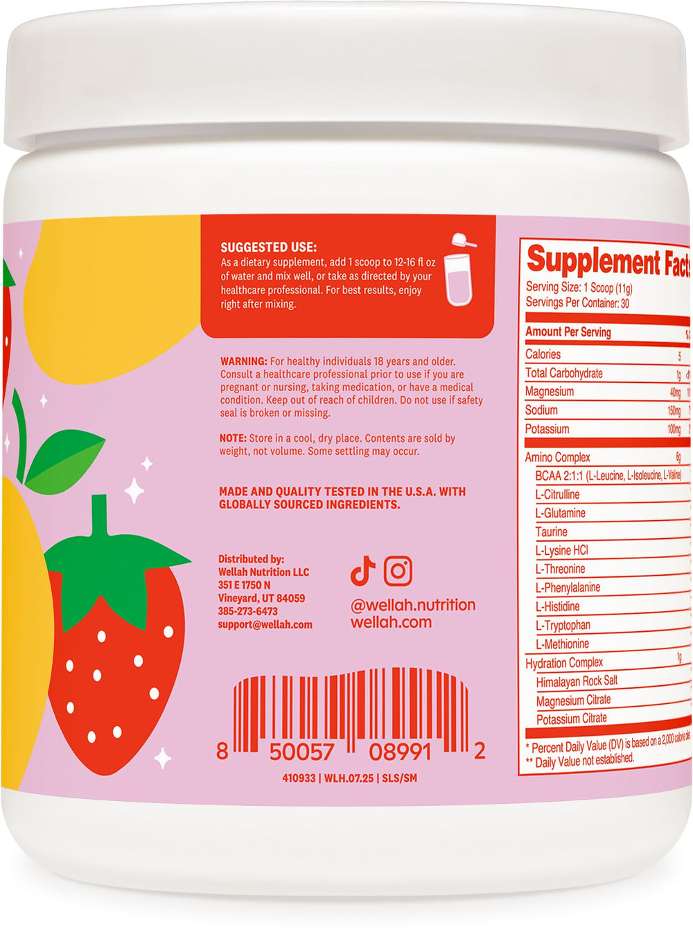 Glass of Wellah strawberry mango BCAA drink highlighting refreshing flavor