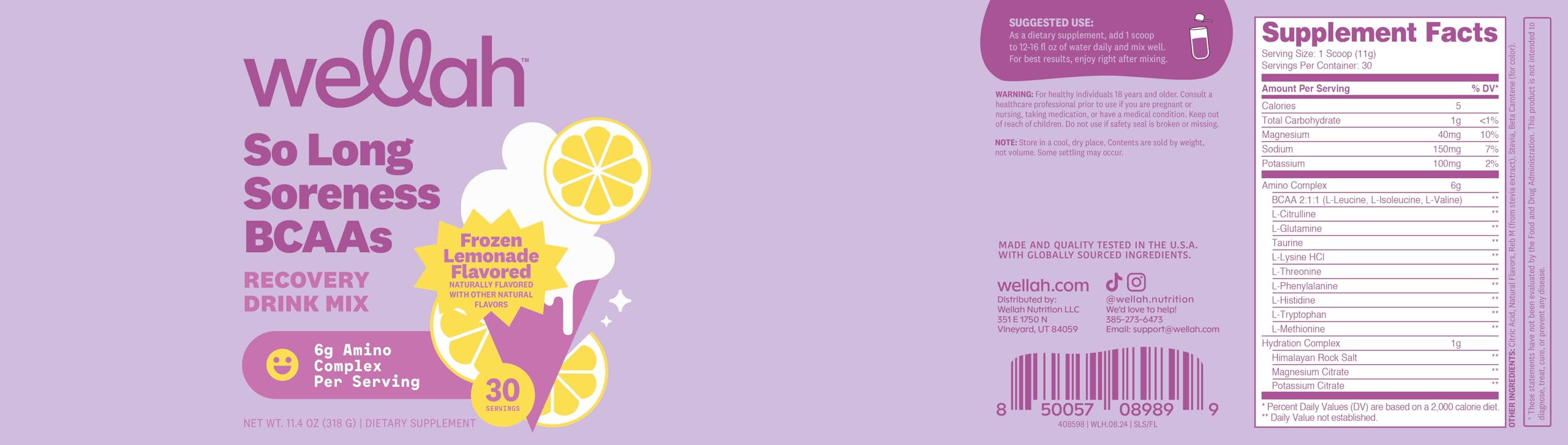 Wellah So Long Soreness BCAA Powder ready-to-drink lemonade supports hydration and taste.