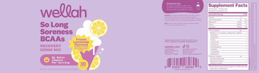 Wellah So Long Soreness BCAA Powder ready-to-drink lemonade supports hydration and taste.