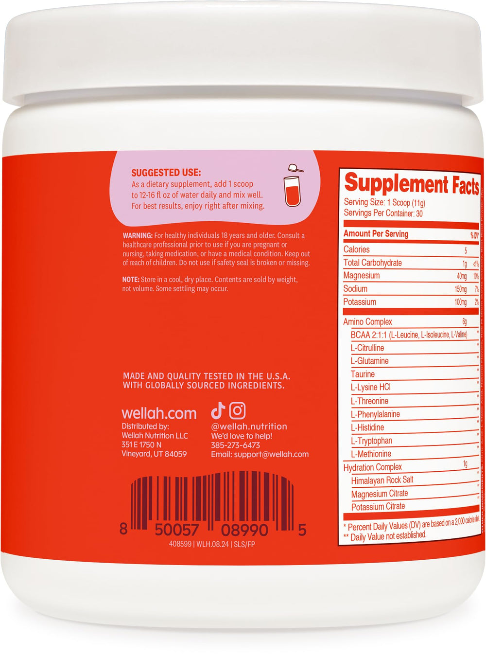 Wellah So Long Soreness BCAA Powder fruit punch glass showing mixed drink with hydration.