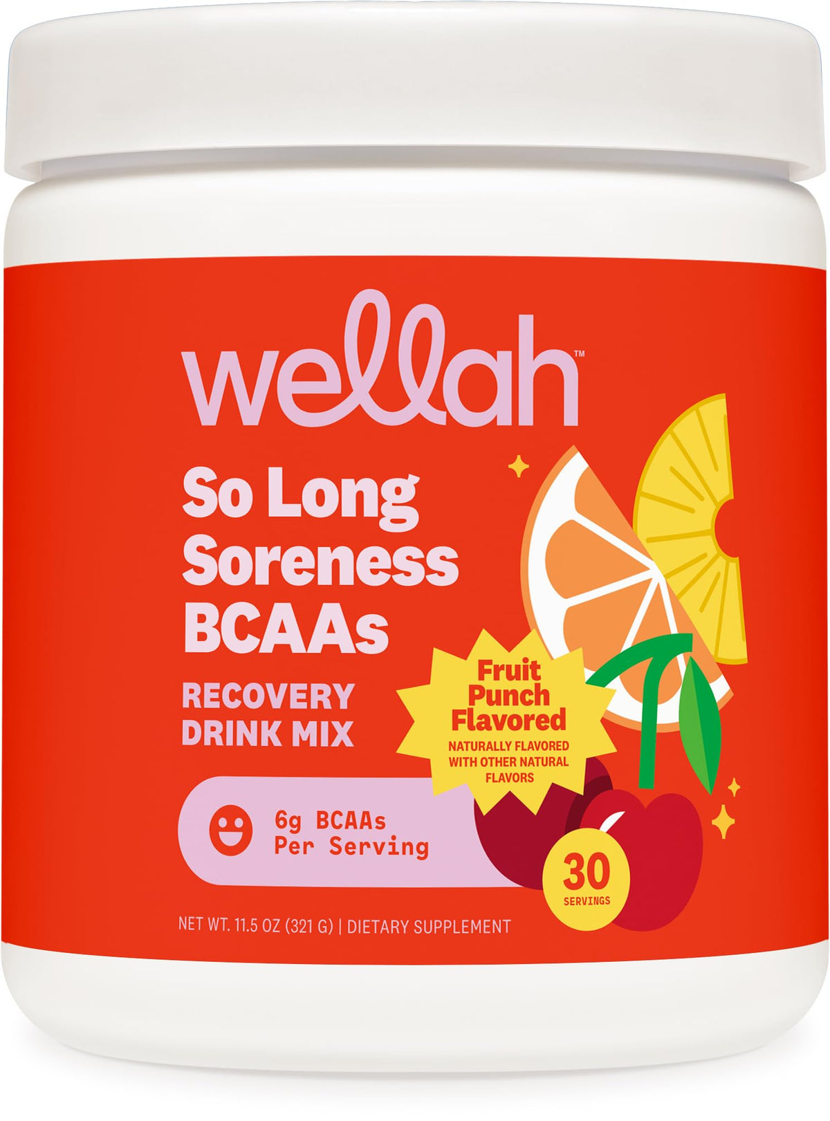Wellah So Long Soreness BCAA Powder fruit punch tub for a refreshing recovery blend.