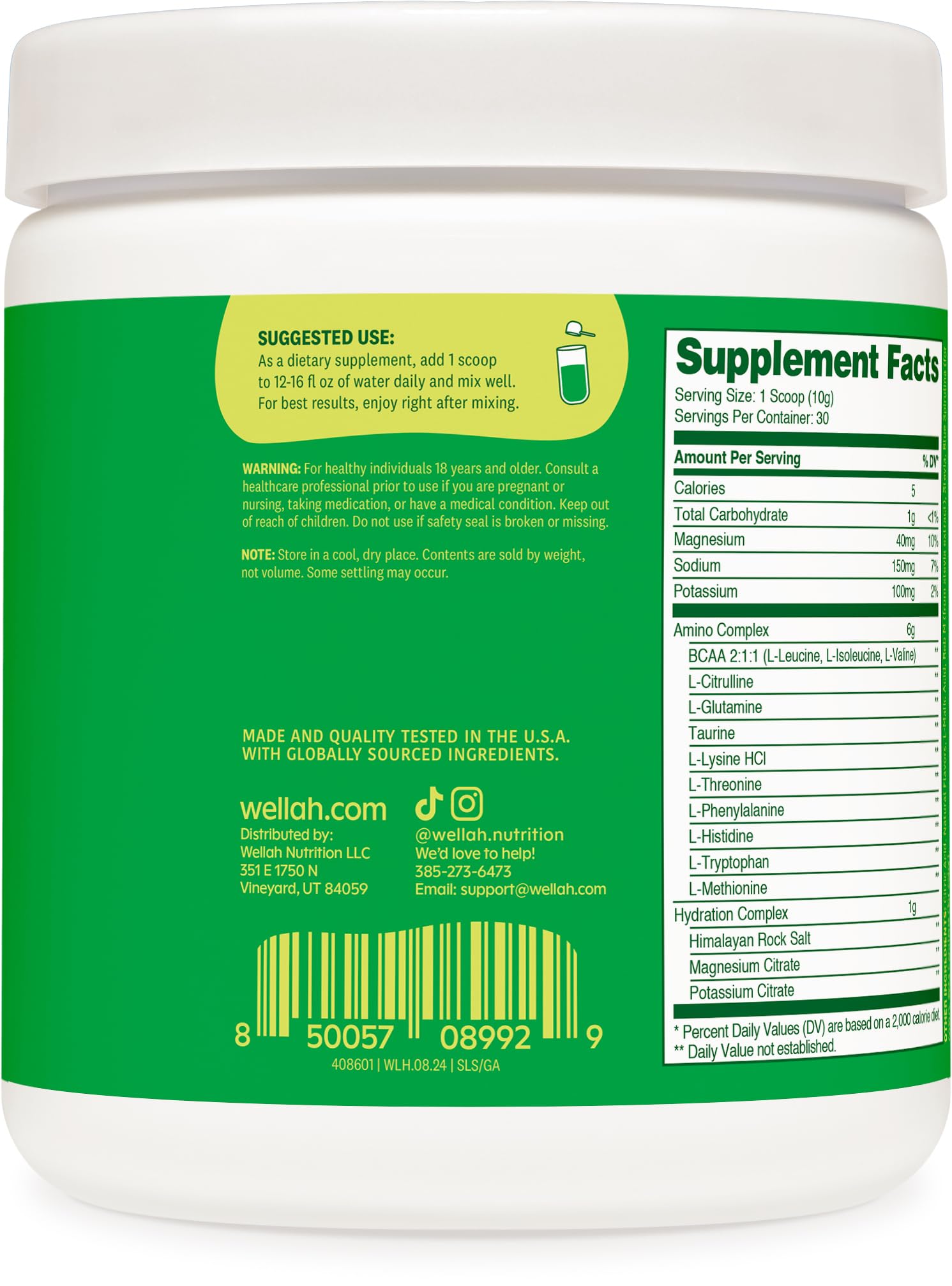 Wellah So Long Soreness BCAA powder scoop showing daily serving