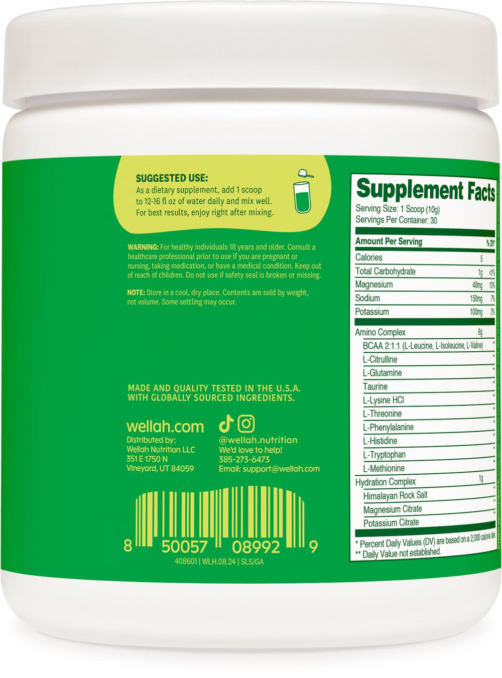 Wellah So Long Soreness BCAA powder scoop showing daily serving