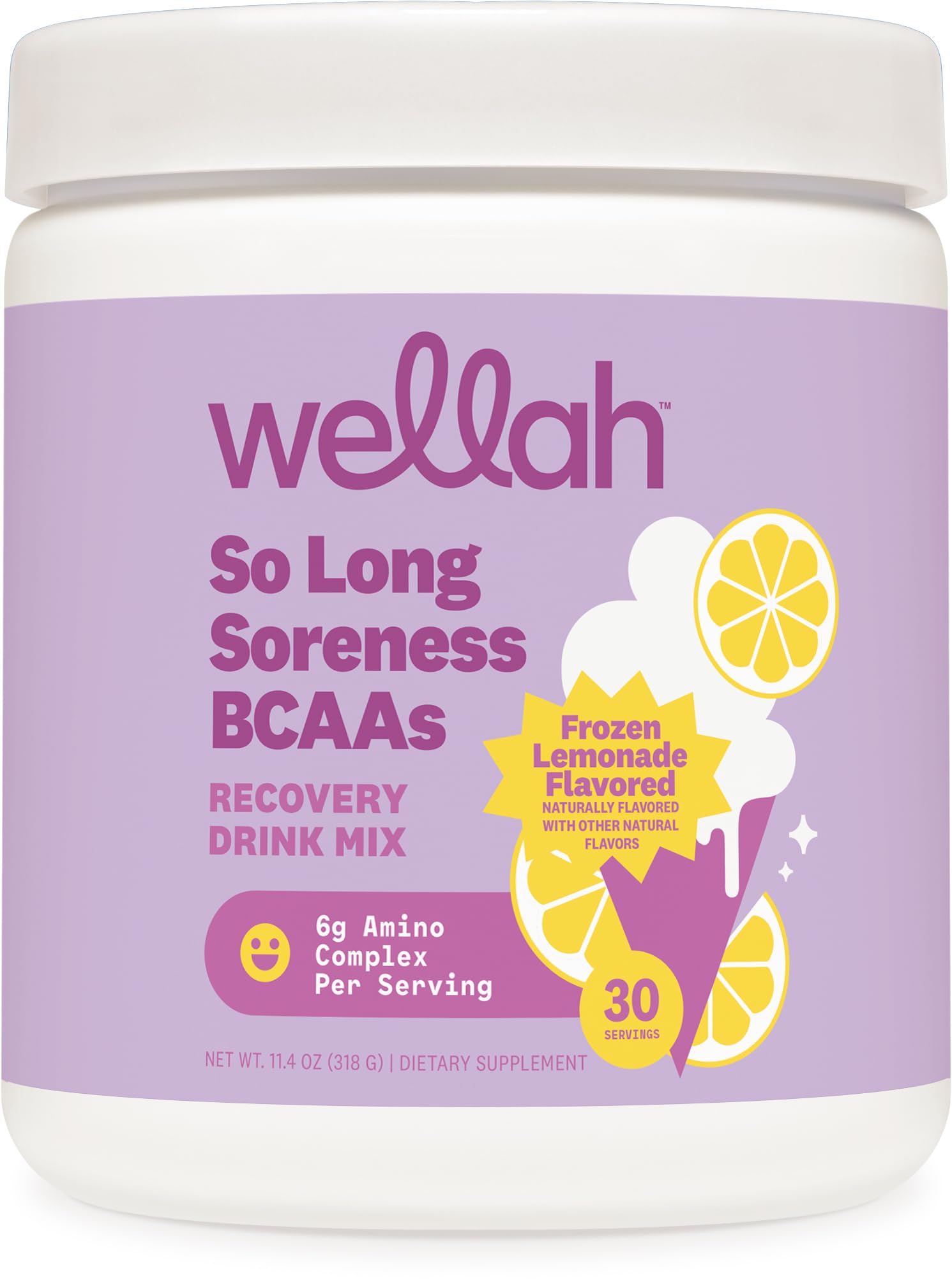 Wellah So Long Soreness BCAA Powder tub for post-workout refreshment and hydration.