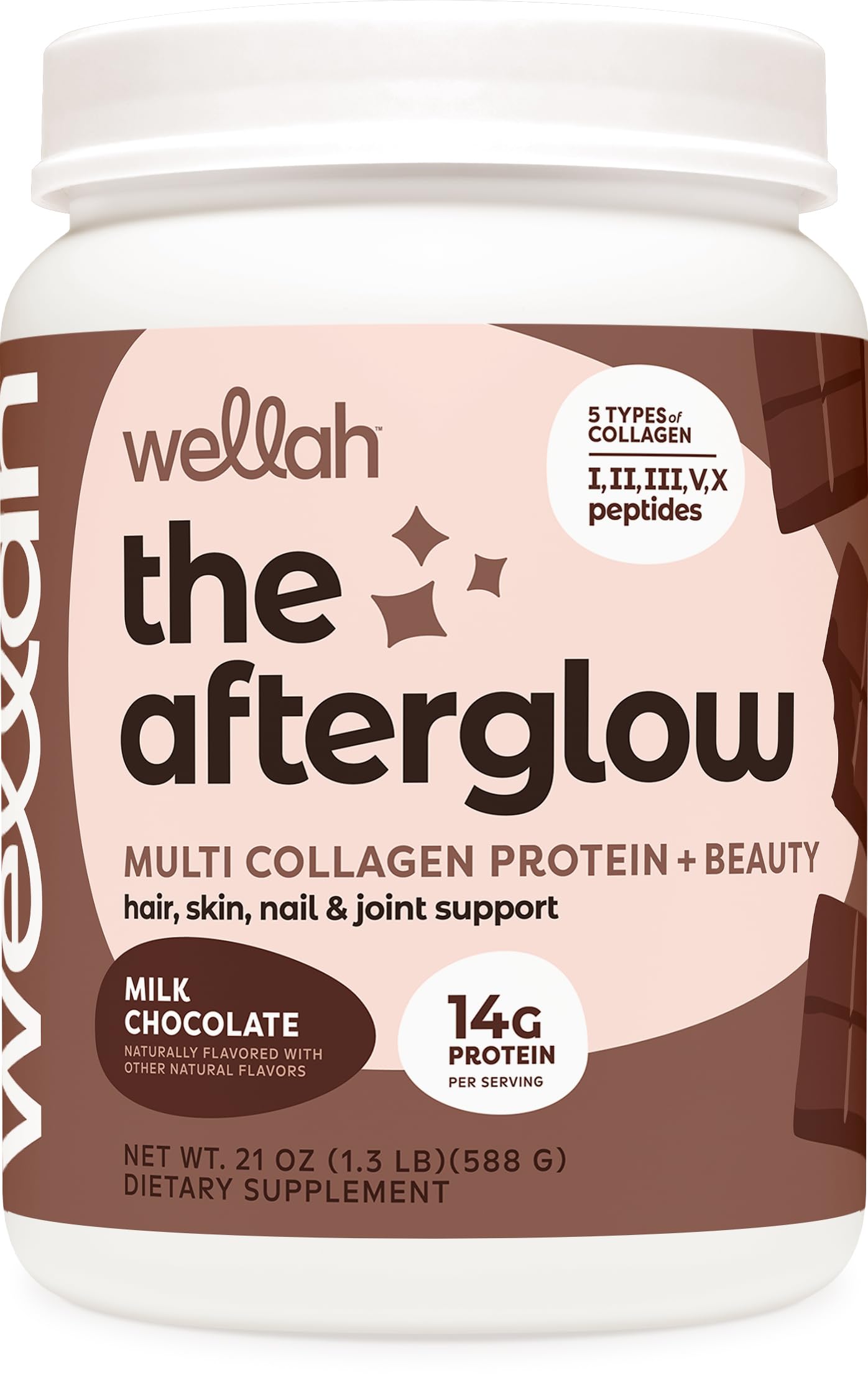 Wellah The Afterglow Chocolate bottle showing skin and joint support.