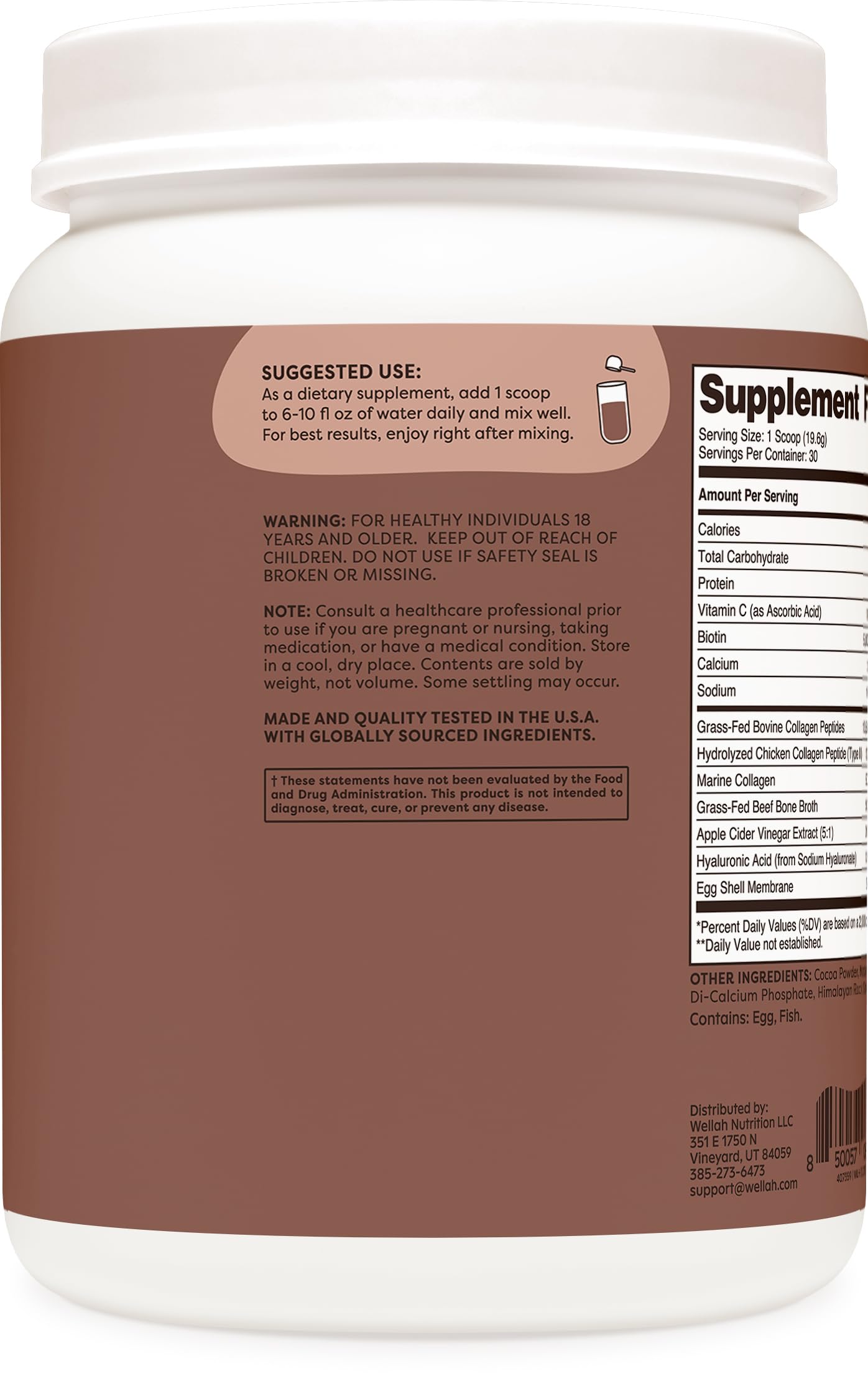 Wellah The Afterglow Chocolate scoop showing 14 g protein per serving.
