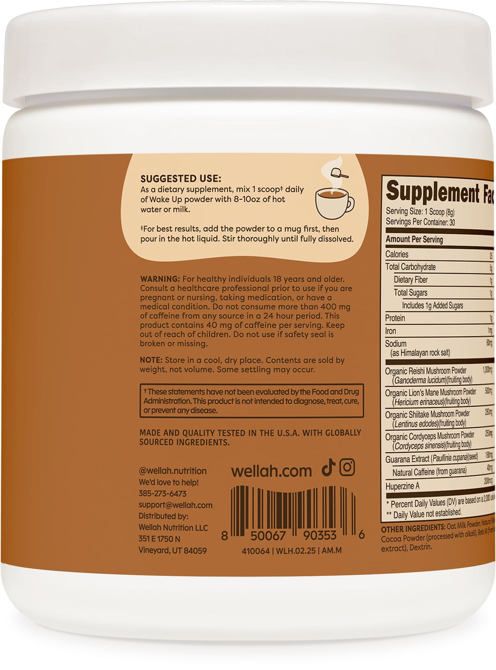 Wellah Wake Up packaging featuring NSF GMP FDA certifications for quality control.