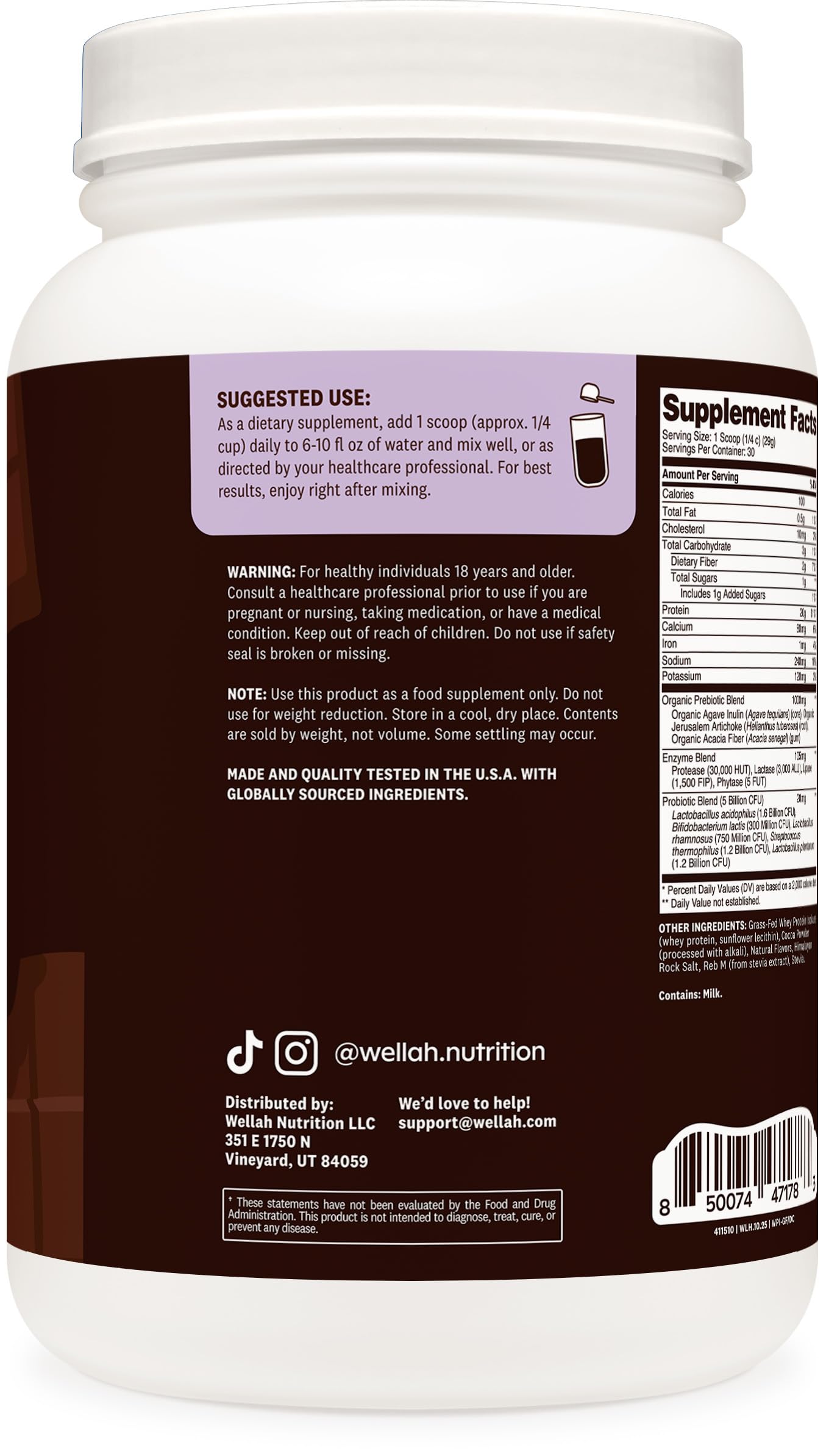 Wellah whey protein bottle close-up highlighting purity and facility standards