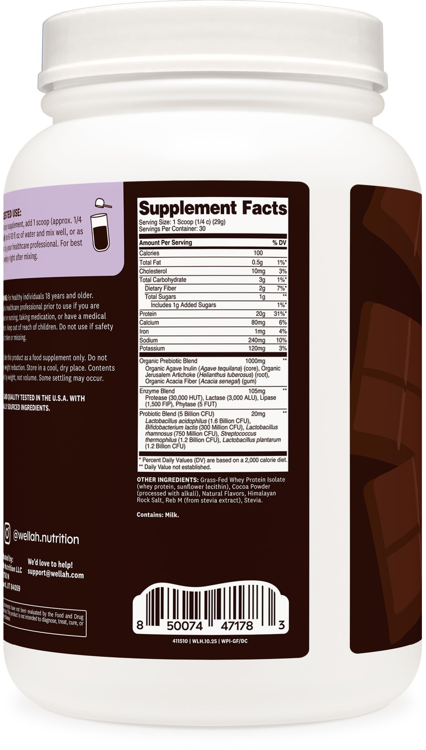 Wellah dark chocolate protein powder scoop ready for easy mixing into recipes