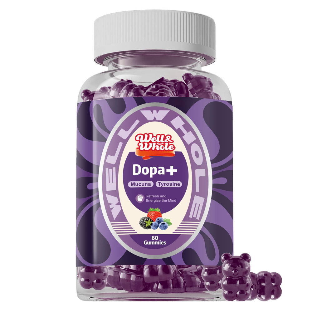 Well&Whole dopamine gummies bottle front showing berry flavor for daily mood support.