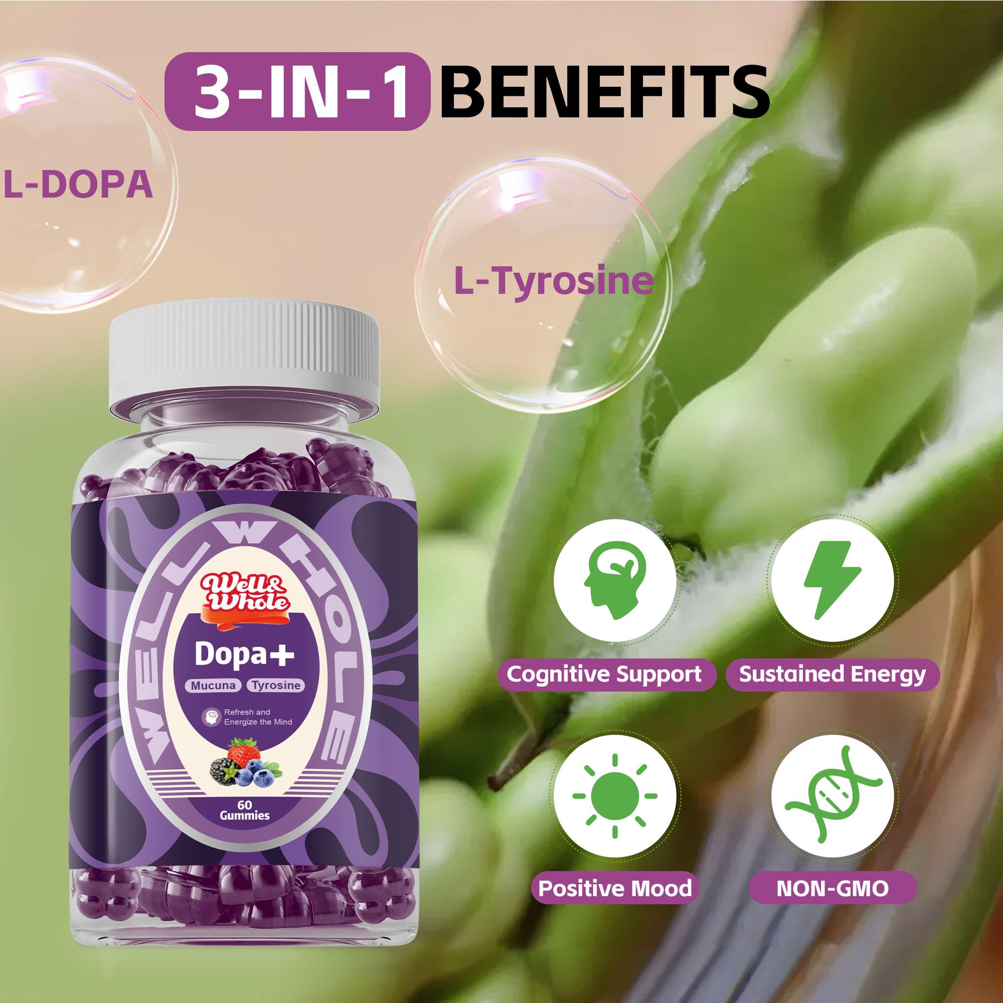 Well&Whole dopamine gummies ingredients panel showing mucuna pruriens and ashwagandha.