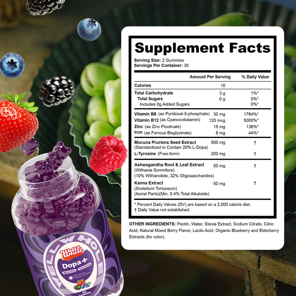 Well&Whole dopamine gummies non-GMO gluten-free icon with berry cue.
