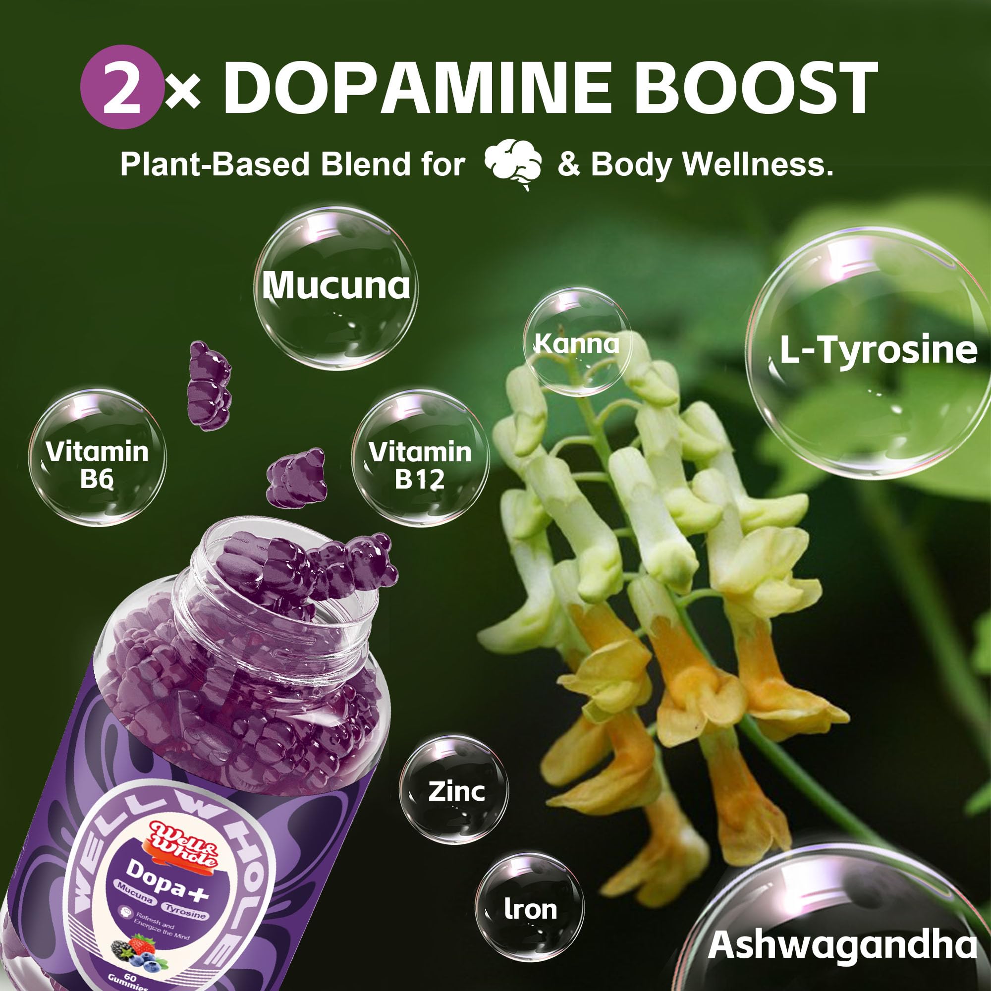 Well&Whole dopamine gummies texture close-up highlighting soft chewiness.