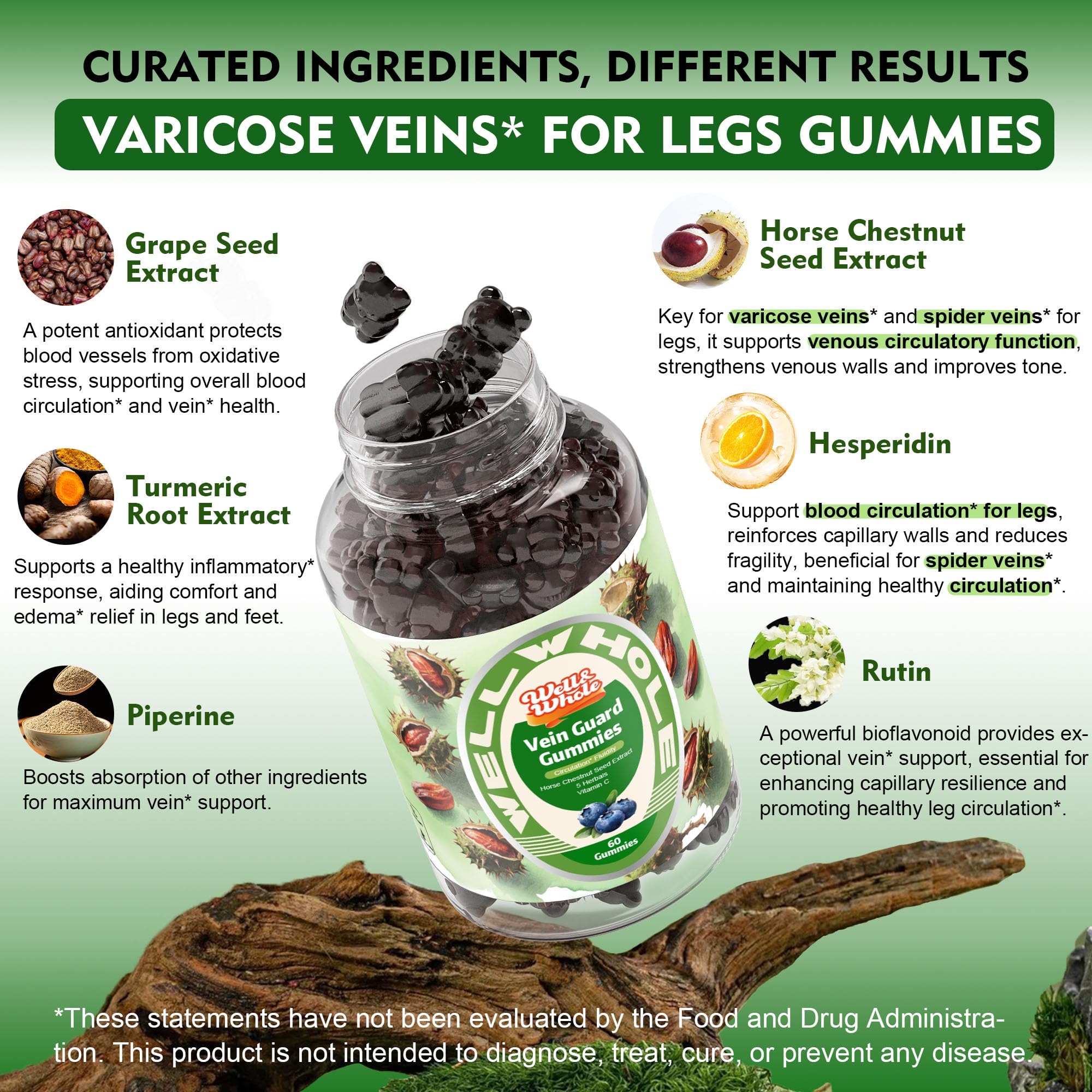 Well&Whole Horse Chestnut Extract Gummies close-up highlighting gummy texture and support for legs.