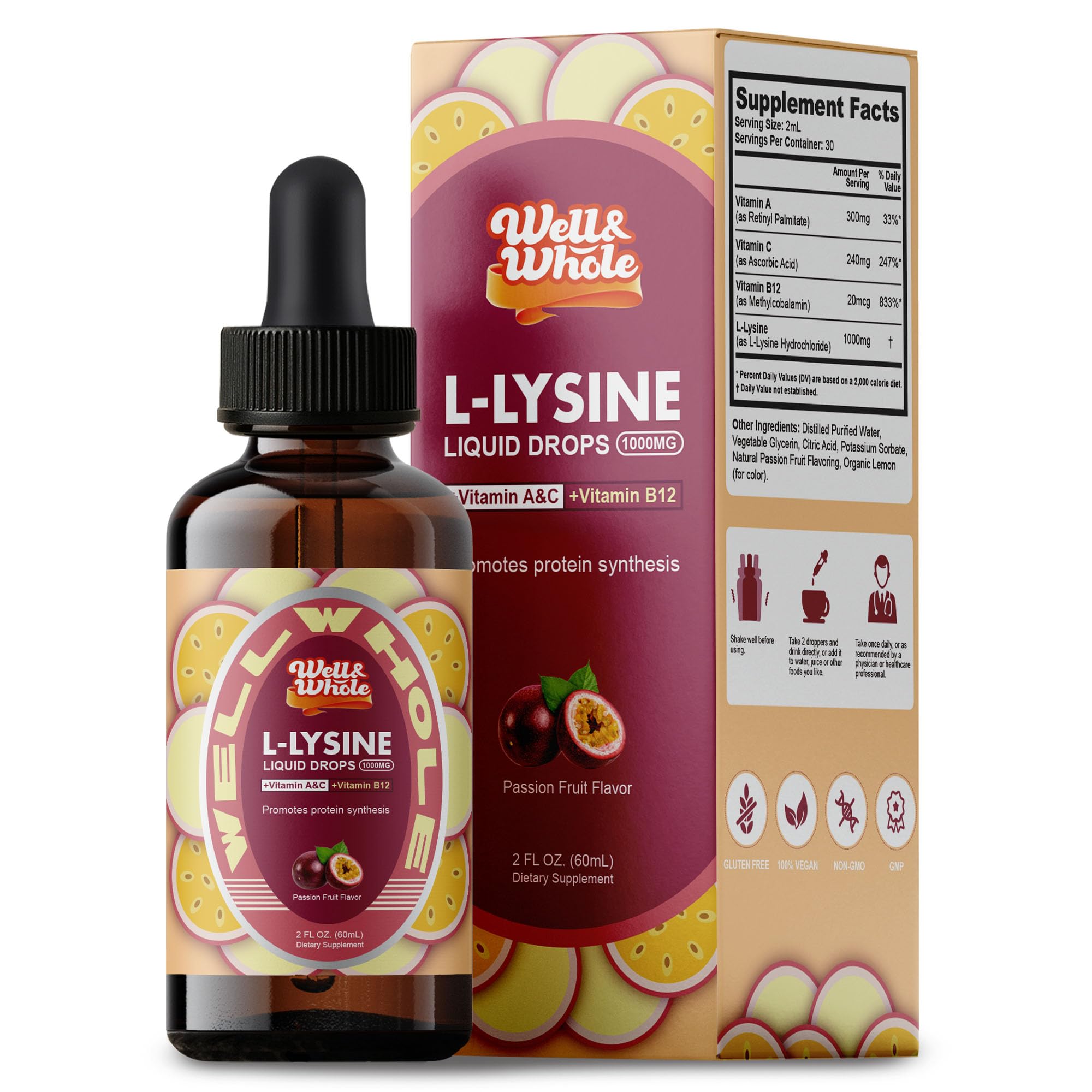 Well&Whole L-Lysine liquid drops bottle for immune support