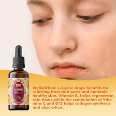 Well&Whole L-Lysine drops label closeup with vitamins A, C, B12
