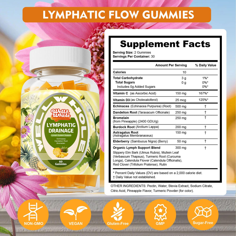 Well&Whole Lymphatic Gummies pineapple flavor close-up suggests tasty daily use.