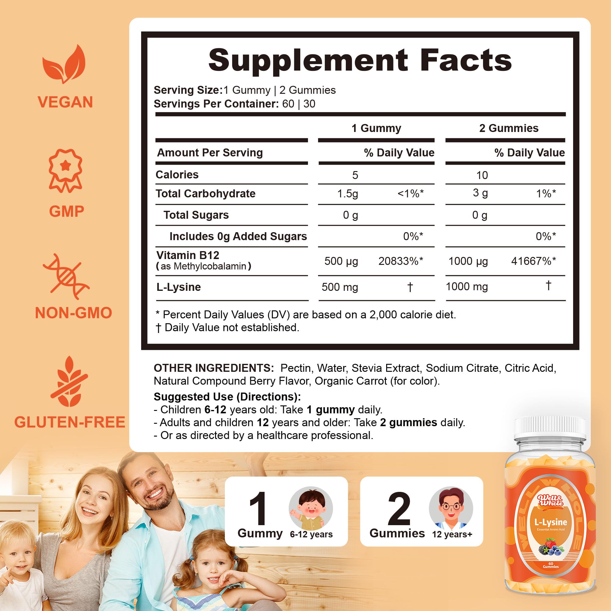 Well&Whole L-Lysine Gummies bottle back nutrition highlights 1000mg lysine and B12.