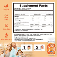Well&Whole L-Lysine Gummies bottle back nutrition highlights 1000mg lysine and B12.