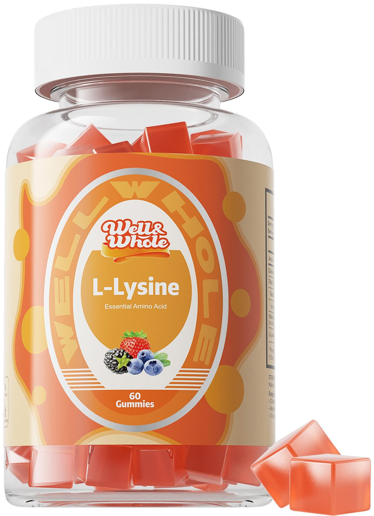 Well&Whole L-Lysine Gummies bottle front shows a vegan, gluten-free daily supplement.
