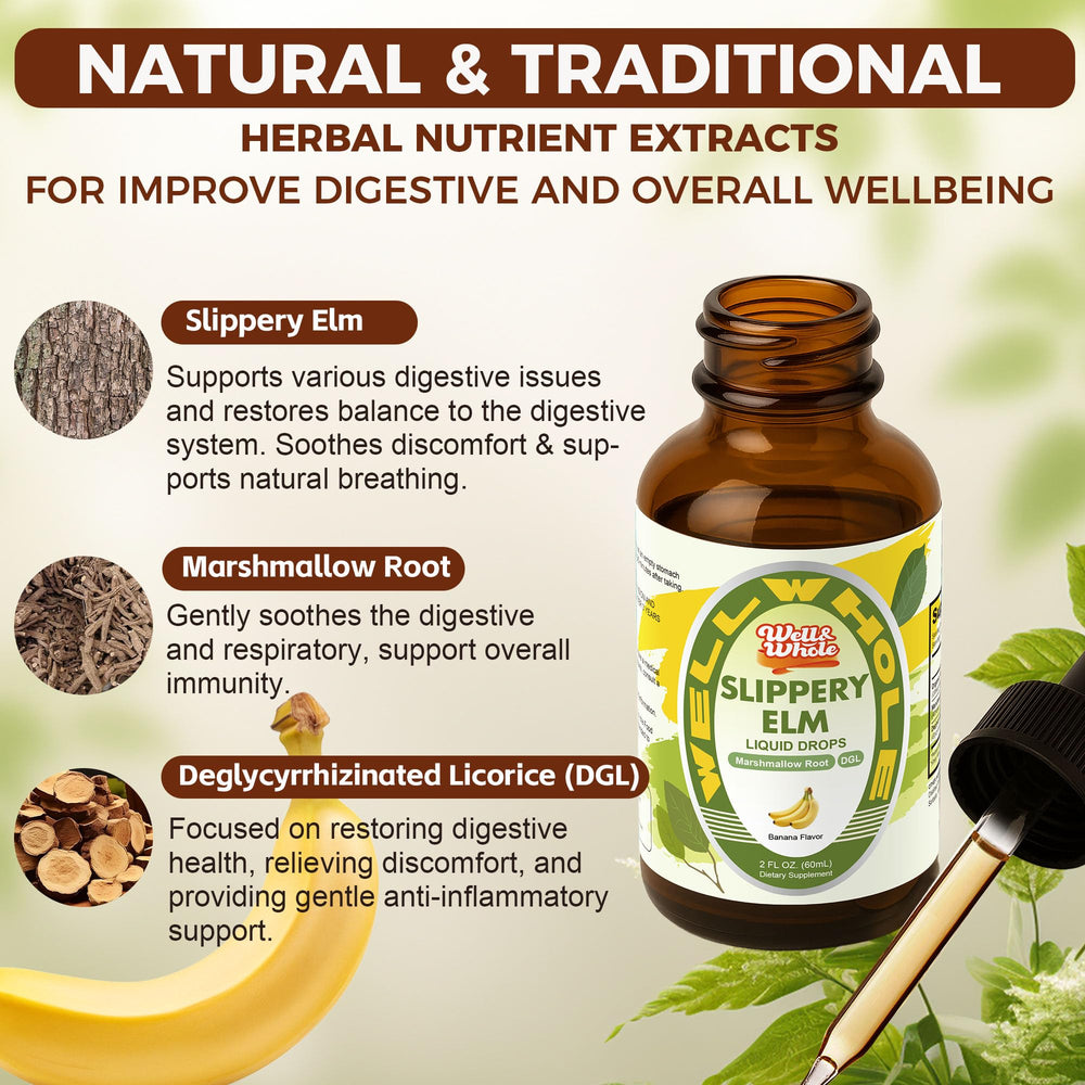 Well&Whole slippery elm bark drops label emphasizes mucosal soothing coating.