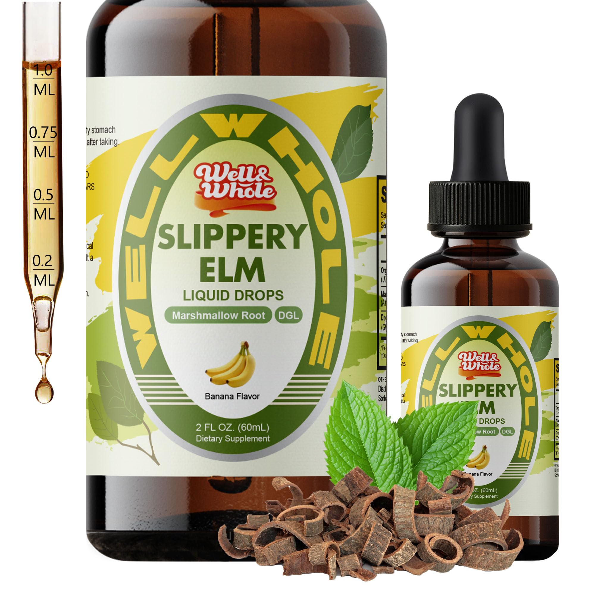 Well&Whole slippery elm liquid drops bottle highlights digestive support and throat relief.