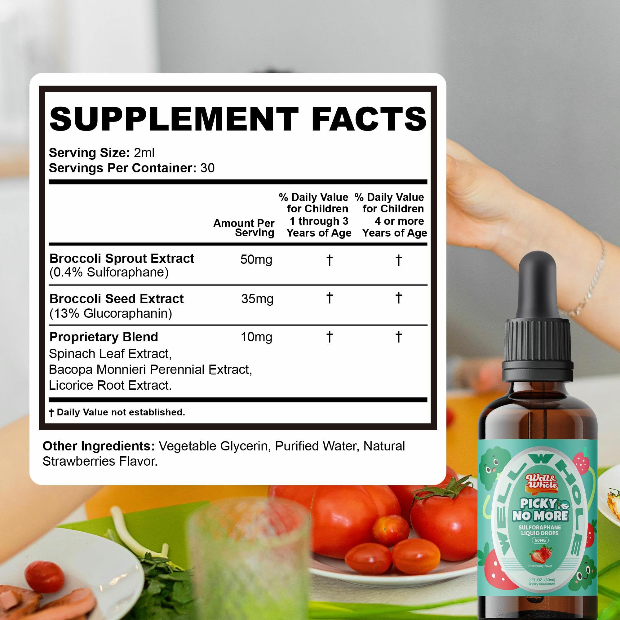 Well&Whole sulforaphane kids liquid all-natural ingredients support gentle daily nutrition.