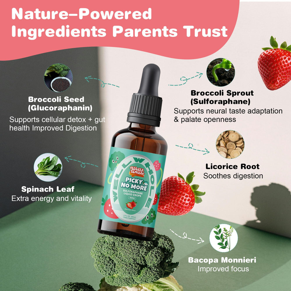 Well&Whole sulforaphane kids liquid label closeup highlighting natural ingredients.