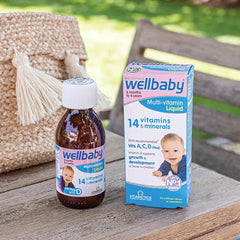 Wellbaby Multi-Vitamin Liquid ingredient label highlighting 14 essential nutrients.