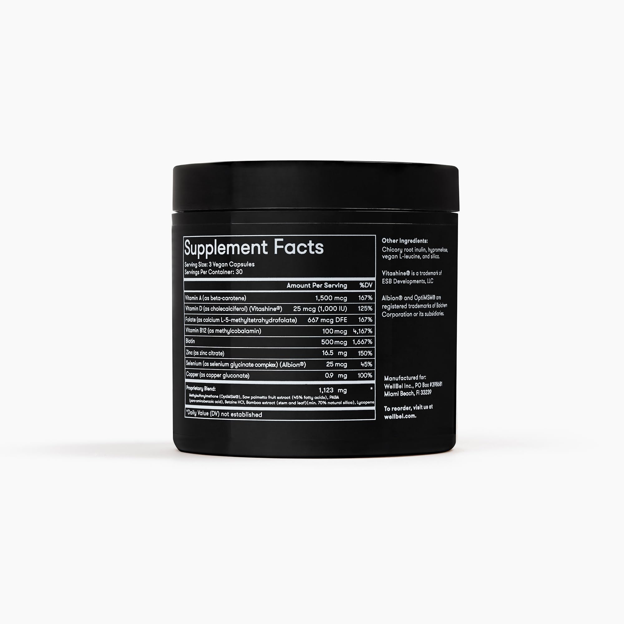 WELLBEL Men ingredients label highlights vegan, gluten-free, non-GMO formula